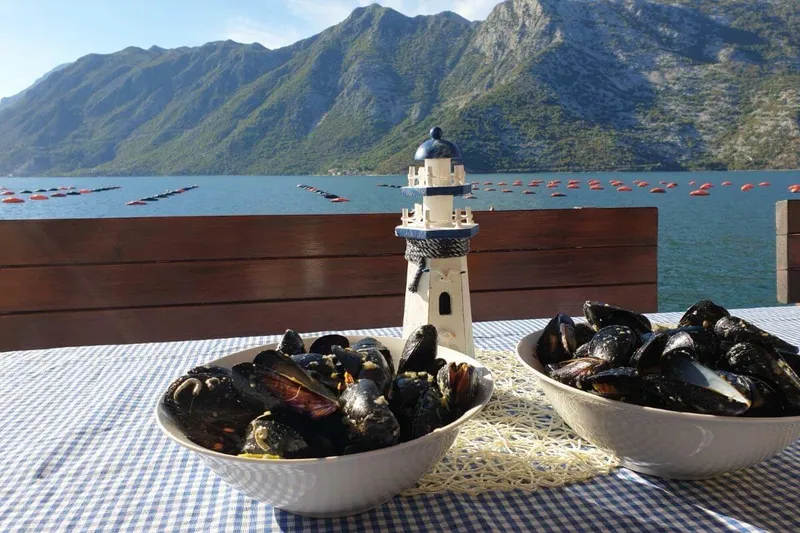 Boka Körfezi kıyısındaki midye çiftliğine demirlemiş özel sürat teknesi Boka Körfezi kıyısındaki midye çiftliğine demirlemiş özel sürat teknesi